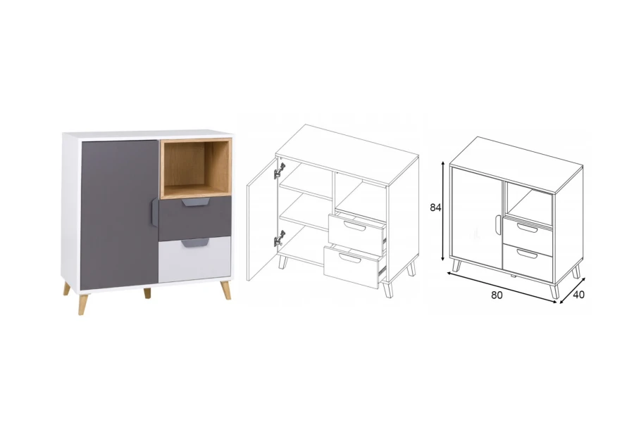 Sideboard Maße 80x84x40 cm in Weiß, Grau und Eiche-Optik mit Schubladen.