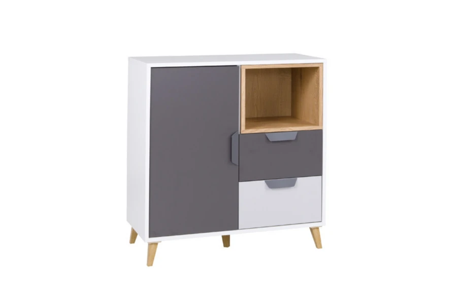 Modernes Sideboard in Weiß und Grau mit skandinavischen Holzfüßen.