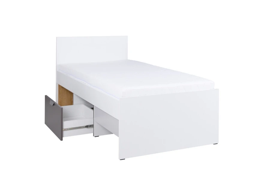 Funktionales weißes Einzelbett mit ausziehbarer Bettschublade.