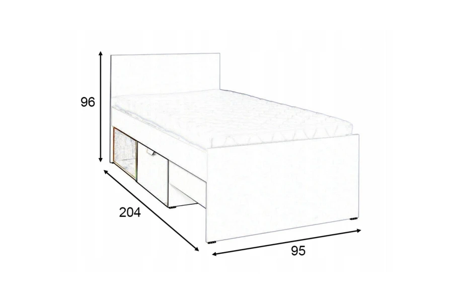 Skizze eines Einzelbettes mit Maßen 95x204x96 cm, integriertem Regal und Schublade.