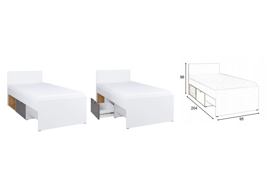Funktionsbett in Weiß und Grau mit Stauraum und technischer Zeichnung inklusive Maßen.