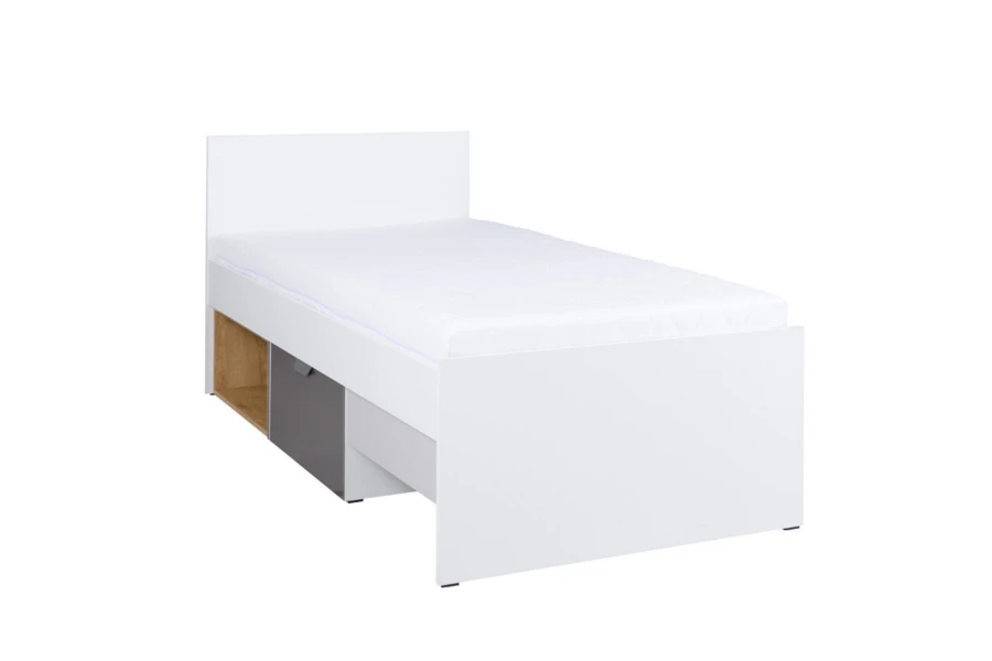 Modernes weißes Jugendbett mit grauer Schublade und offenem Regalfach in Eichendekor.