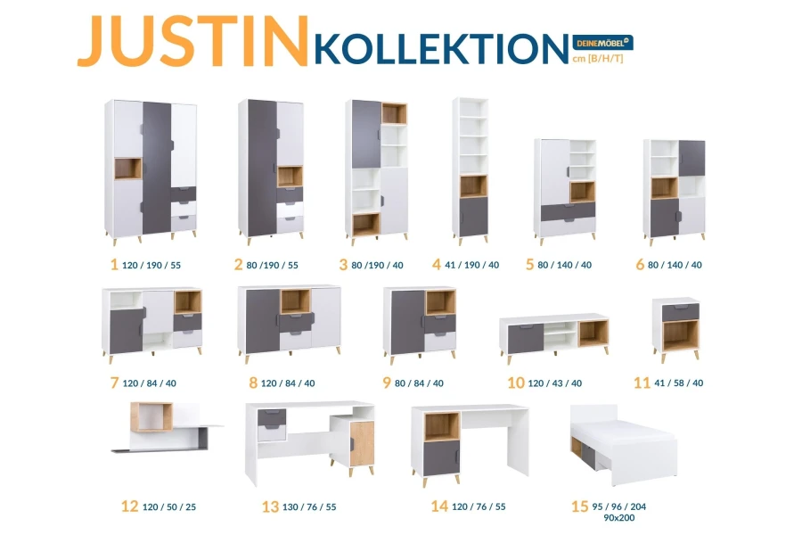 Übersicht der Justin Möbelkollektion für Kinder- und Jugendzimmer mit Schränken, Schreibtischen und Bett.