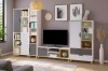 Modernes Wohnzimmer-Set Justin mit TV-Board und hohen Regalen in Weiß, Grau und Eiche-Optik.