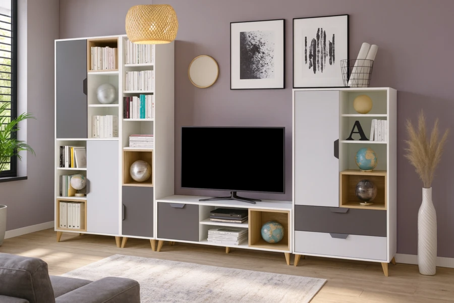 Modernes Wohnzimmer-Set Justin mit TV-Board und hohen Regalen in Weiß, Grau und Eiche-Optik.