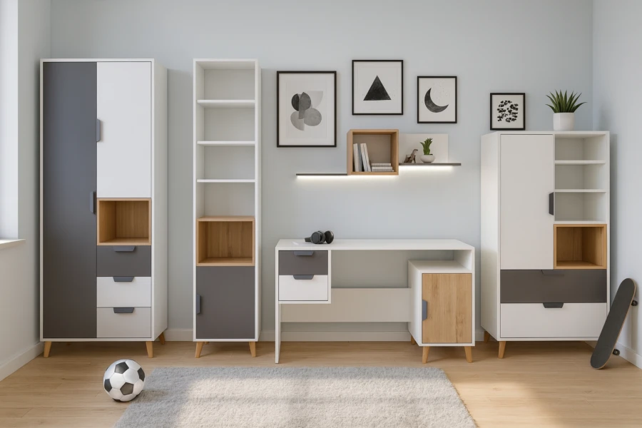 Skandinavische Jugendzimmermöbel: Kleiderschrank, Standregal und Schreibtisch in Holz-Optik.