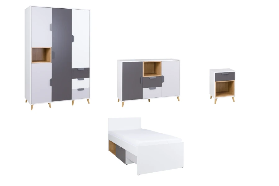 Moderne Schlafzimmermöbel der Justin Serie: Kleiderschrank, Kommode, Nachttisch und Bett.