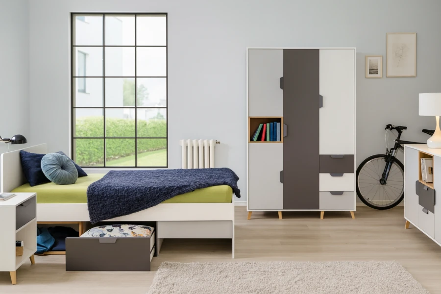 Schlafzimmer mit funktionalem Bett inklusive Schublade, großem Kleiderschrank und Fensterfront.