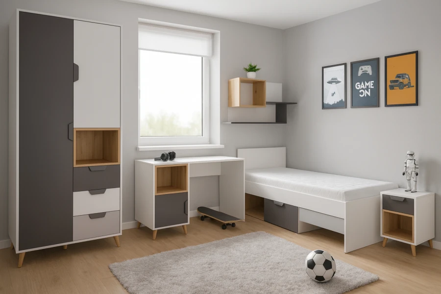 Gemütliches Jugendzimmer mit Einzelbett, Nachttisch und Schrank in moderner Farbkombination.