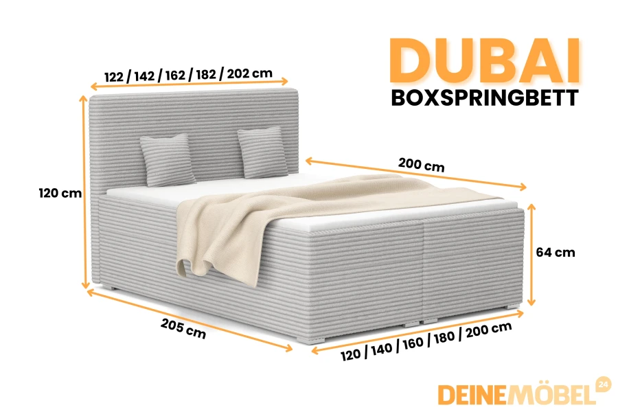 Maße und Abmessungen für das Dubai Boxspringbett in verschiedenen Größen von DeinMöbel24.