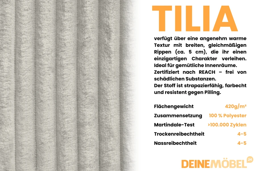 Produktdetails zum Tilia-Stoff: Strapazierfähiges Material in Cord-Optik für Polstermöbel.