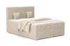 Modernes Doppelbett in Beige mit hochwertigem Cord-Bezug und passenden Zierkissen.