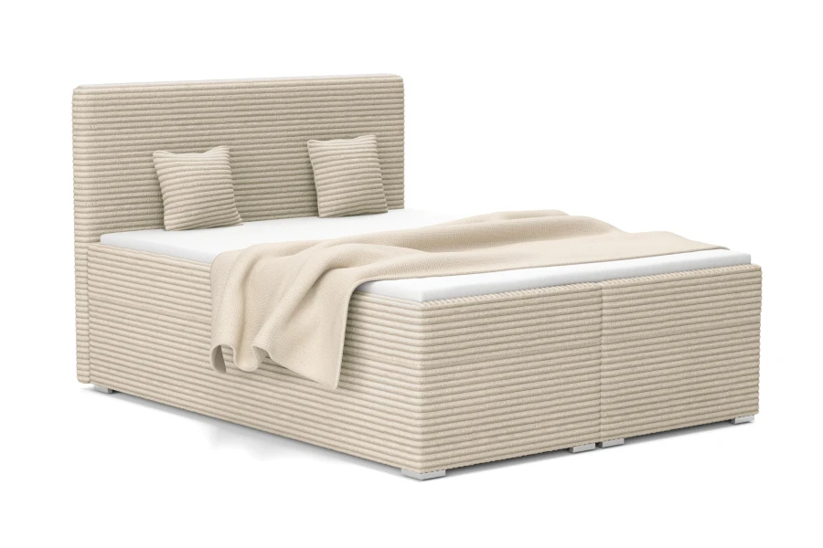 Modernes Doppelbett in Beige mit hochwertigem Cord-Bezug und passenden Zierkissen.