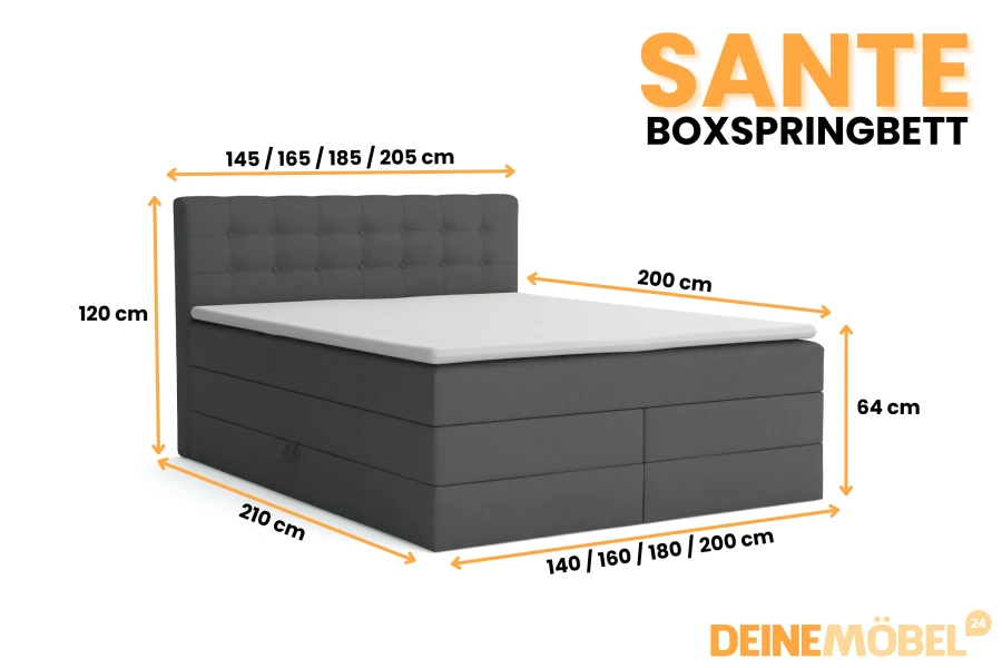 Abmessungen und Größenübersicht für das Sante Boxspringbett