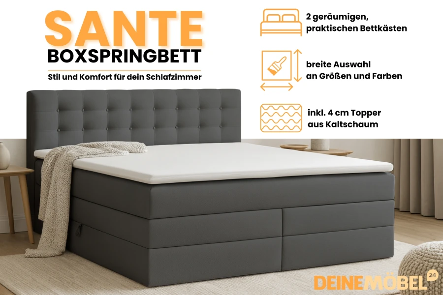 Sante Boxspringbett Highlights: Bettkasten, Farbauswahl und Kaltschaum-Topper