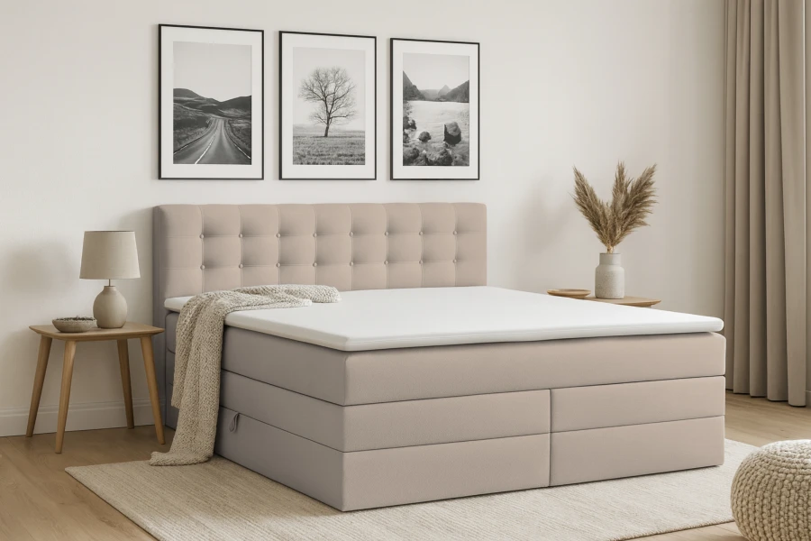 Beiges Boxspringbett mit gestepptem Kopfteil in einem hellen, modern eingerichteten Schlafzimmer.