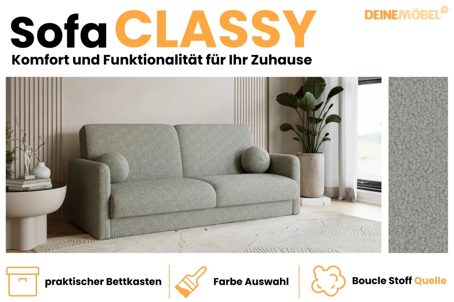 Modernes Sofa Classy aus grauem Bouclé-Stoff mit praktischem Bettkasten für stilvolles Wohnen.