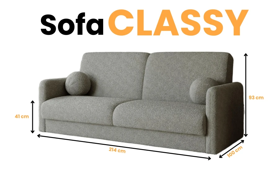 Maße und Abmessungen für das Sofa Classy: 214 cm Breite, 100 cm Tiefe und 93 cm Höhe.