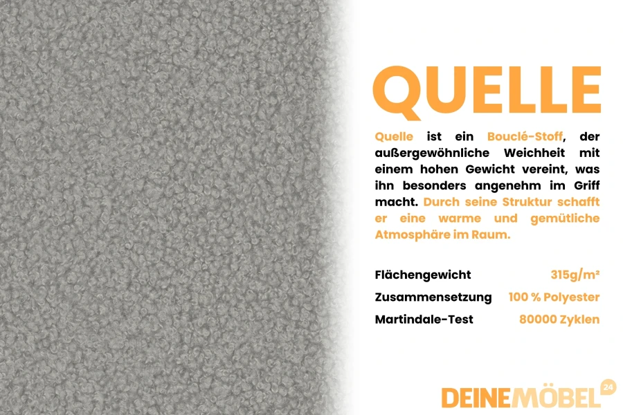 Struktur und technische Daten des Bouclé-Stoffs Quelle in Grau für hochwertige Möbelbezüge.