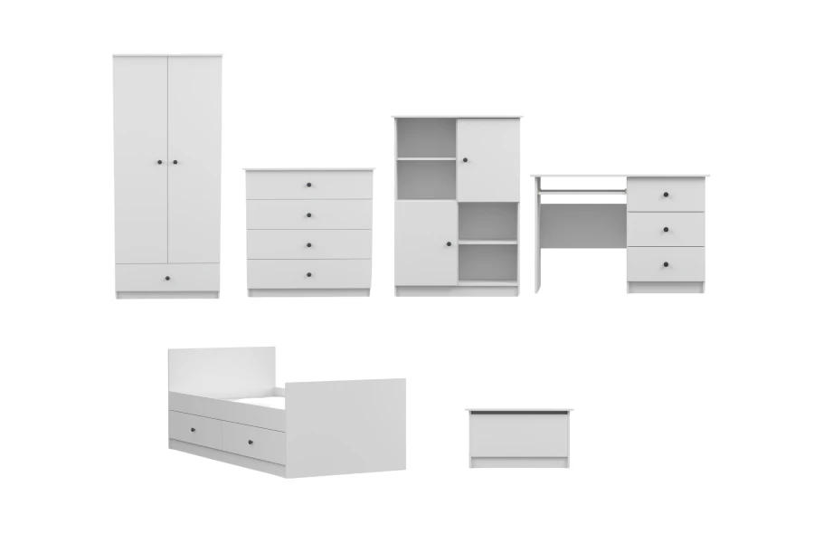 Weißes Möbel-Set: Schrank, Kommode, Regal, Schreibtisch und Funktionsbett für Kinder- oder Jugendzimmer.