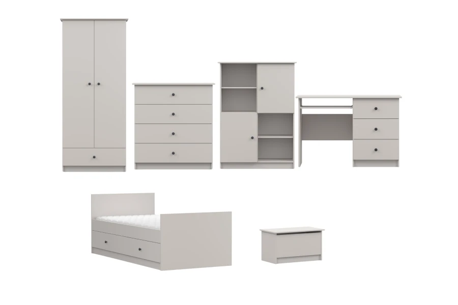 Modernes Kinderzimmer-Set in Hellgrau mit Schrank, Bettgestell und Schreibtisch.