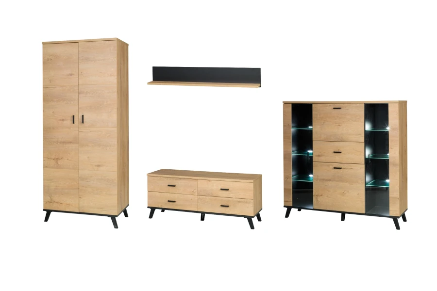 Liam Wohnzimmer-Set 4-teilig in Eiche-Optik mit Vitrine, TV-Board und Wandregal.