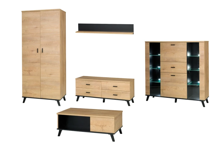 Modernes Wohnzimmer-Set Liam 5-teilig Eiche-Optik inklusive Couchtisch.