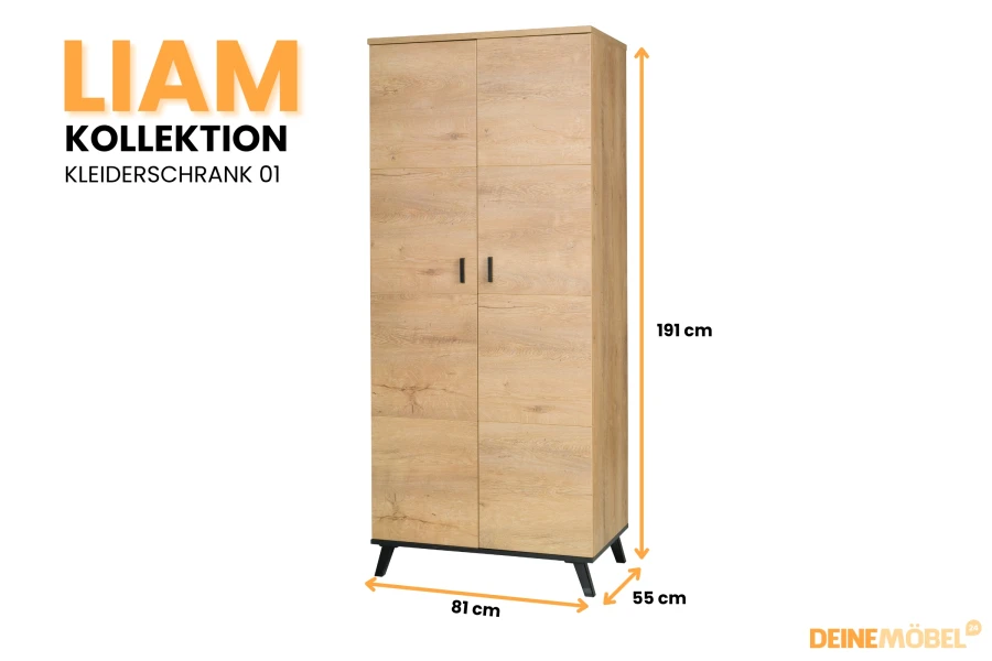 Liam Kollektion Kleiderschrank 01 Maße: 191 cm Höhe, 81 cm Breite, 55 cm Tiefe.