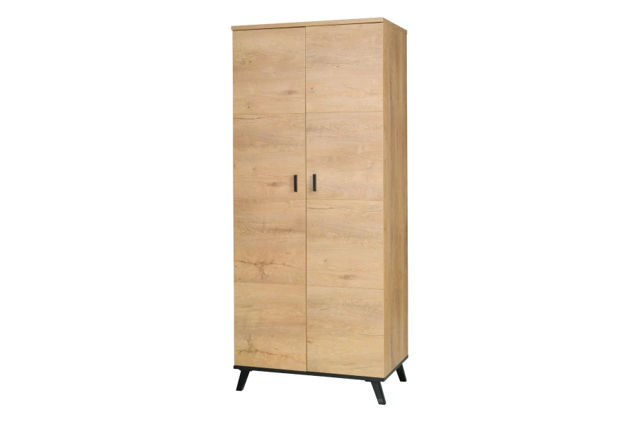 Schlichter Kleiderschrank Liam in Eiche-Nachbildung mit schwarzen Metallfüßen.