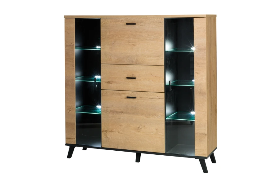 Modernes Highboard in Eiche-Optik mit Glasvitrinen und LED-Beleuchtung für das Wohnzimmer.