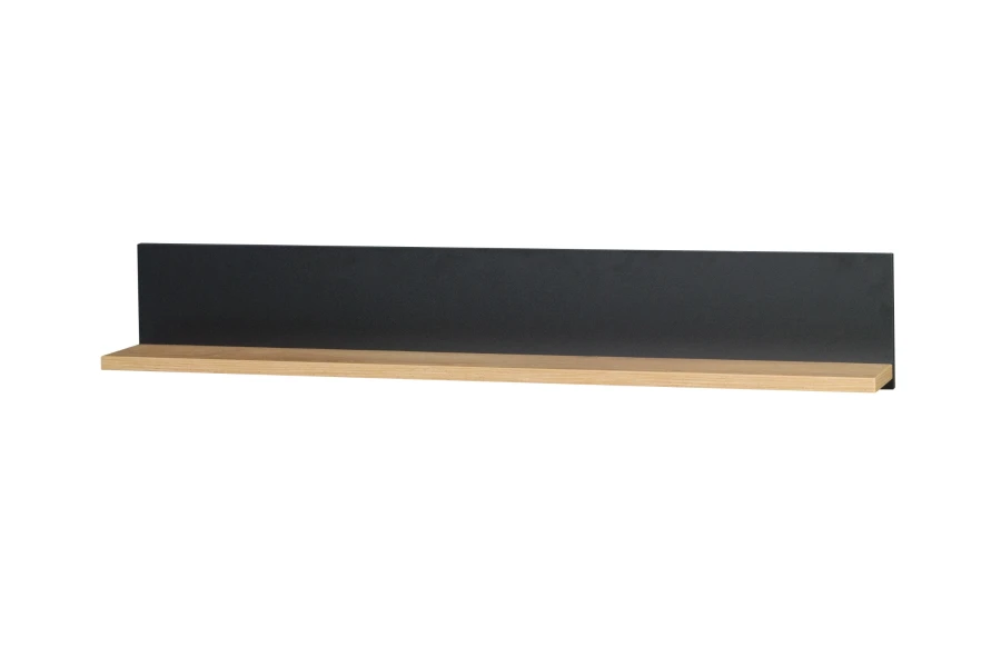 Minimalistisches Wandboard in Eiche-Optik mit schwarzer Rückwand für moderne Wohneinrichtungen.