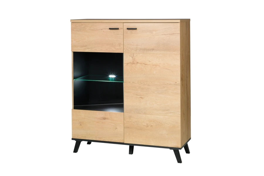 Modernes Sideboard Liam in Eichenoptik mit integrierter LED-Beleuchtung und schwarzen Akzenten.