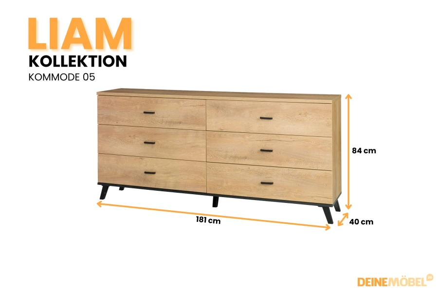 Liam Kollektion Kommode 05: Große Kommode in Eichenoptik mit 6 Schubladen, Maße: 181x84x40 cm.