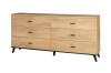 Breite Kommode Liam in Eiche-Optik mit 6 Schubladen und schwarzen Füßen, modernes Design.