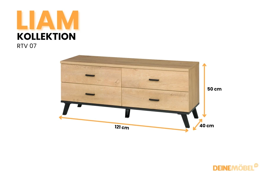 Liam Kollektion RTV 07: TV-Lowboard in Eichenoptik mit 4 Schubladen, Maße: 121x50x40 cm.