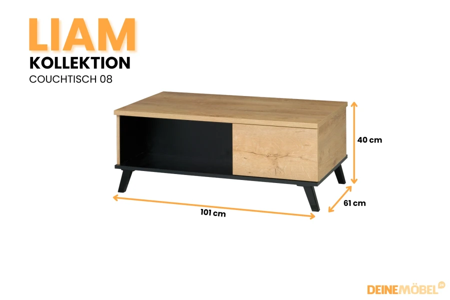 Liam Kollektion Couchtisch 08: Wohnzimmertisch in Eichenoptik und Schwarz, Maße: 101x40x61 cm.