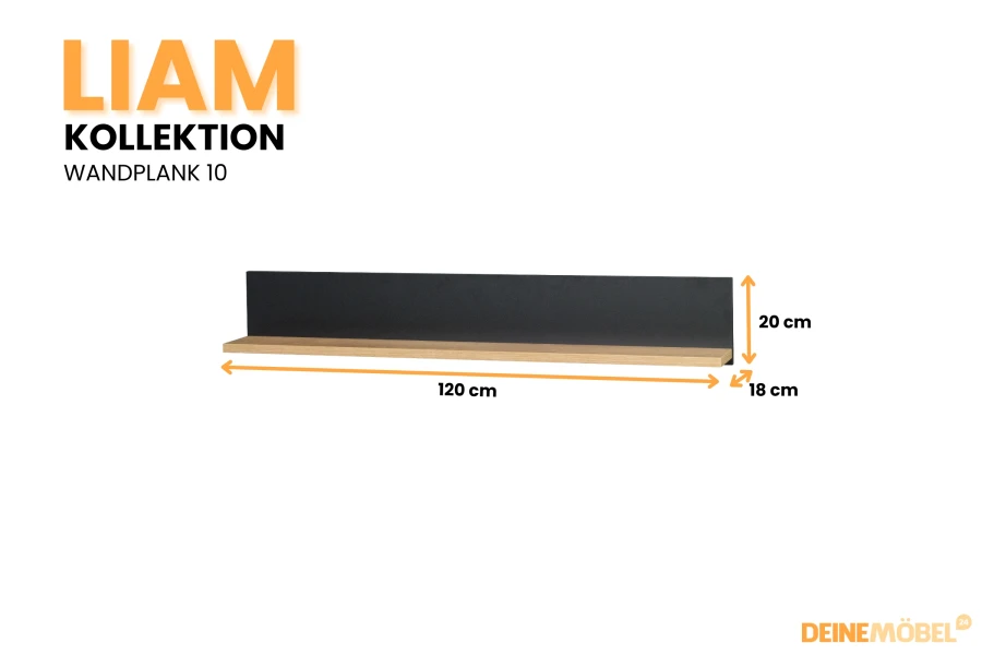 Wandregal Liam 120 cm breit mit Maßen, Eiche-Optik und schwarze Rückwand.