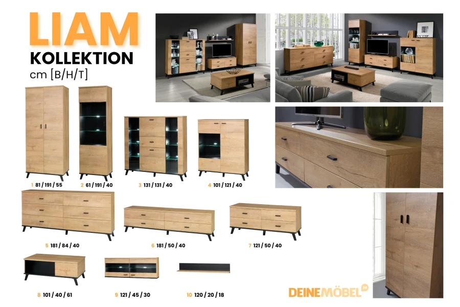 Übersicht der Liam Möbelkollektion mit Maßen für Schränke, Sideboards und Tische.