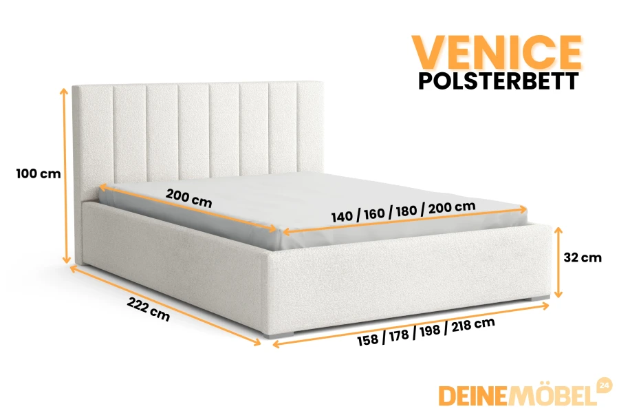 Detaillierte Maße und Abmessungen für das Venice Polsterbett.
