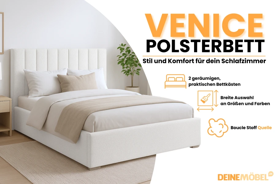 Elegantes Venice Polsterbett aus weißem Bouclé-Stoff im Schlafzimmer.