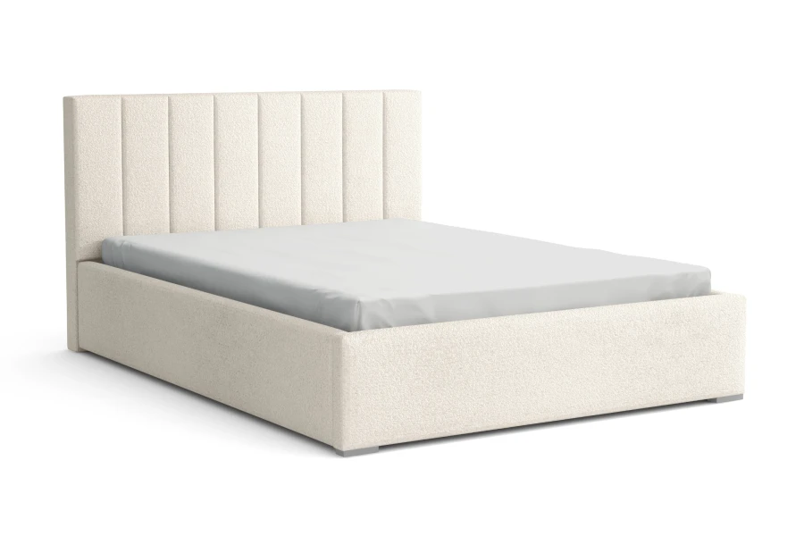 Elegantes weißes Bouclé-Polsterbett mit modernem Kopfteil-Design auf weißem Hintergrund.
