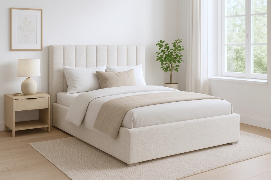 Minimalistisches Schlafzimmer-Set mit weißem Bouclé-Bett und natürlicher Einrichtung.