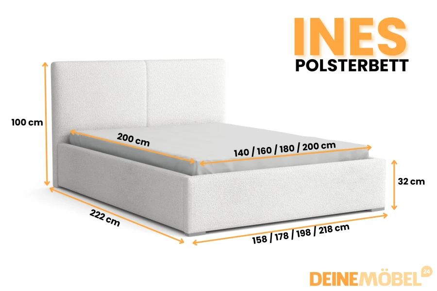 Infografik mit Abmessungen und verschiedenen Breiten für das INES Polsterbett.