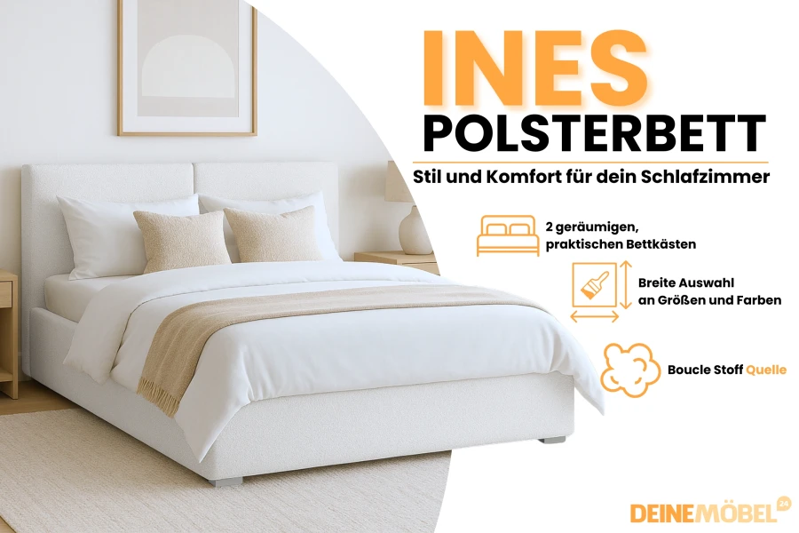 Ines Polsterbett aus weißem Bouclé-Stoff mit zwei praktischen Bettkästen für das Schlafzimmer.