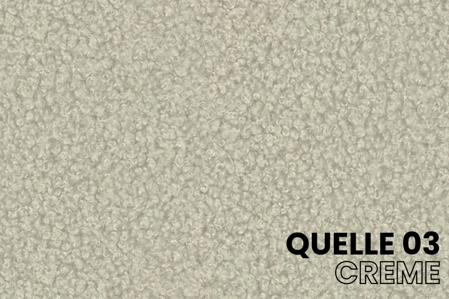 Nahaufnahme der cremefarbenen Bouclé-Stoffstruktur Quelle 03 für hochwertige Polsterbetten.