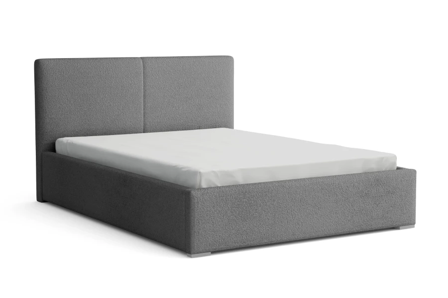 Stilvolles Polsterbett in Dunkelgrau mit minimalistischem Design auf weißem Grund.