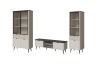 Modernes Wohnzimmer-Set mit Vitrinenschränken und TV-Lowboard in Beige und Schwarz.