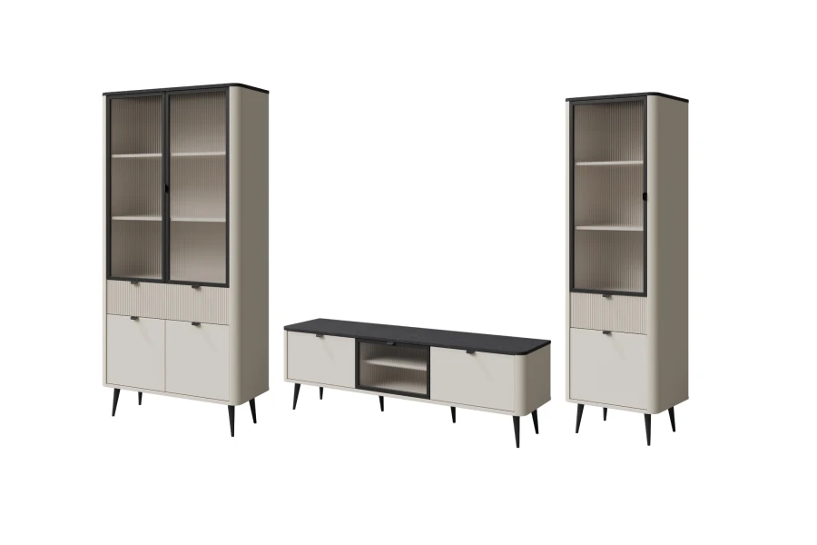 Modernes Wohnzimmer-Set mit Vitrinenschränken und TV-Lowboard in Beige und Schwarz.