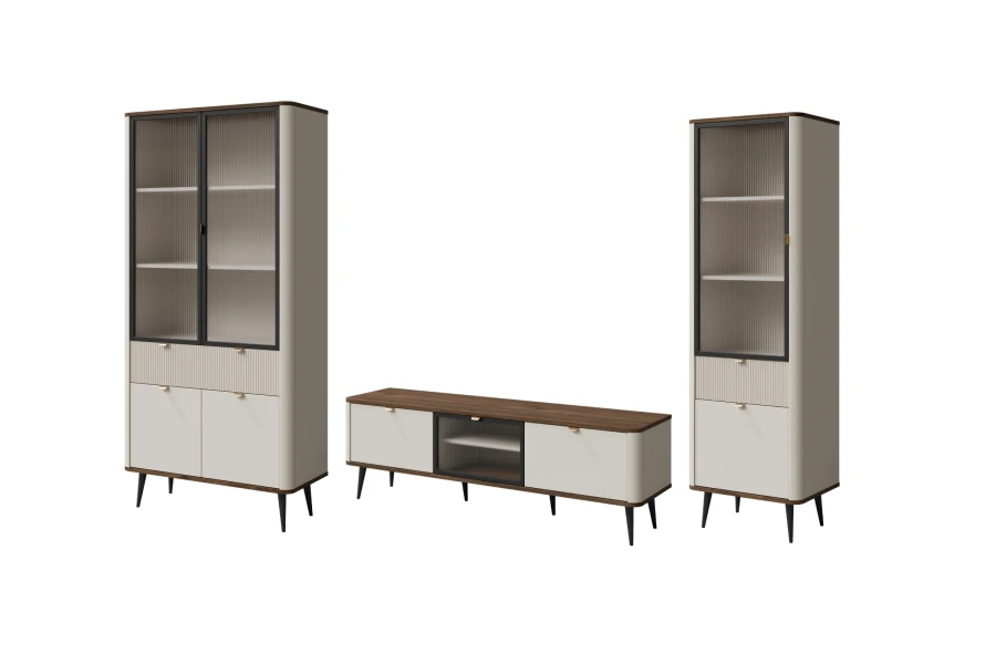 Mily Kollektion: Modernes Wohnzimmer-Set mit zwei Vitrinen und TV-Board in Beige und Anthrazit.