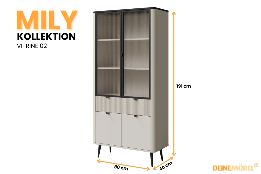 Mily Vitrine 02: Beige Glasvitrine für das Wohnzimmer, Abmessungen 90x191x40 cm.